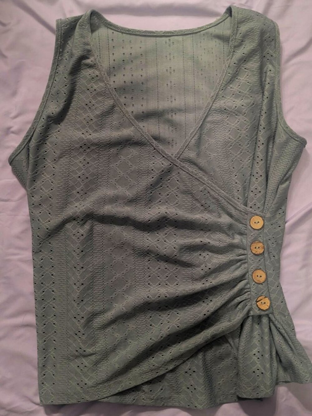 NEW Sleeveless Knit Crossover Cutout Ruched Tank Blouse SIZE LARGE Sage green